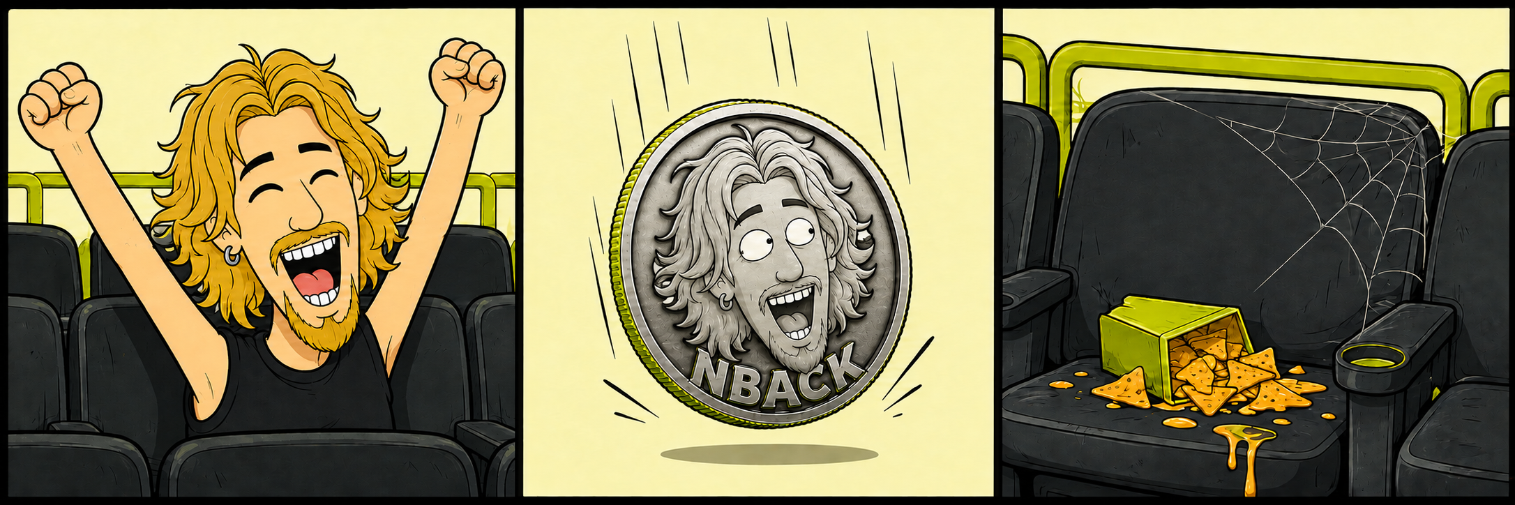 Three-panel comic: a cheering fan; a NBACK coin drops; an empty cobwebbed seat with abandoned nachos